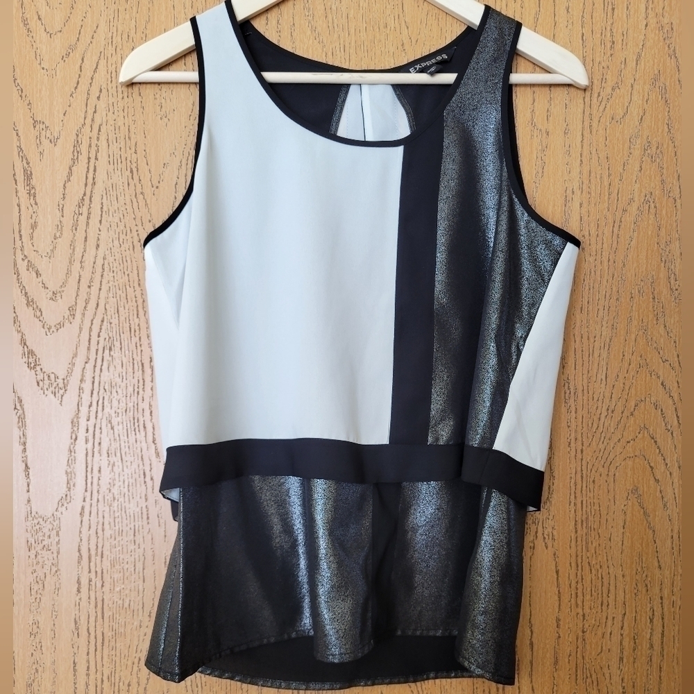 Express black & white shimmery tiered peek a boo back sleeveless blouse S